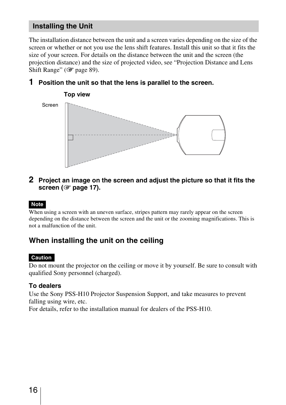 Installing the unit | Sony VPL-VW1000ES User Manual | Page 16 / 99