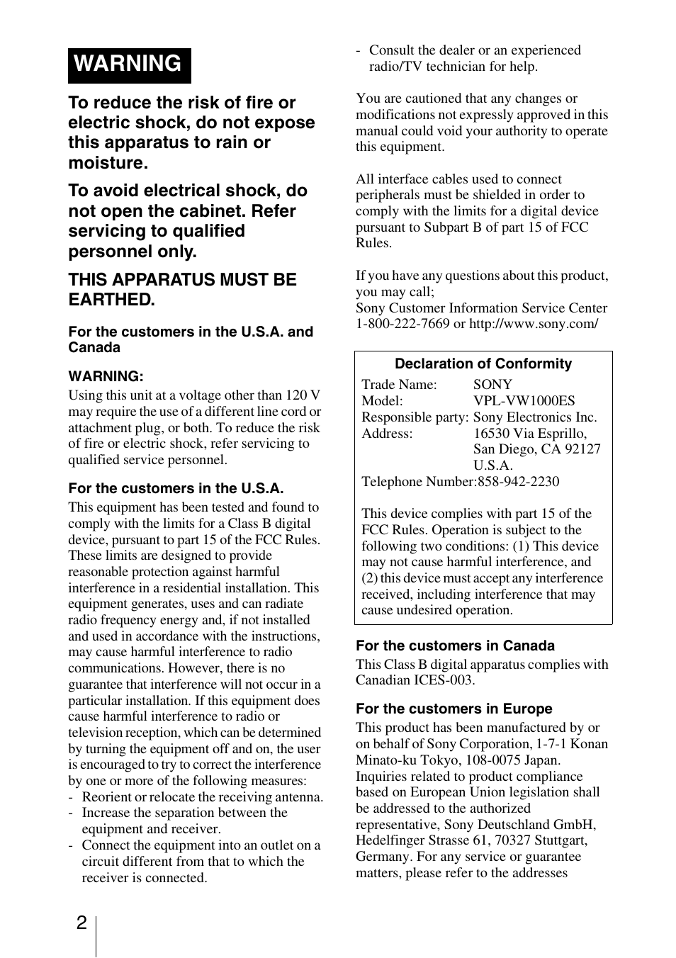 Warning | Sony VPL-VW1000ES User Manual | Page 2 / 99