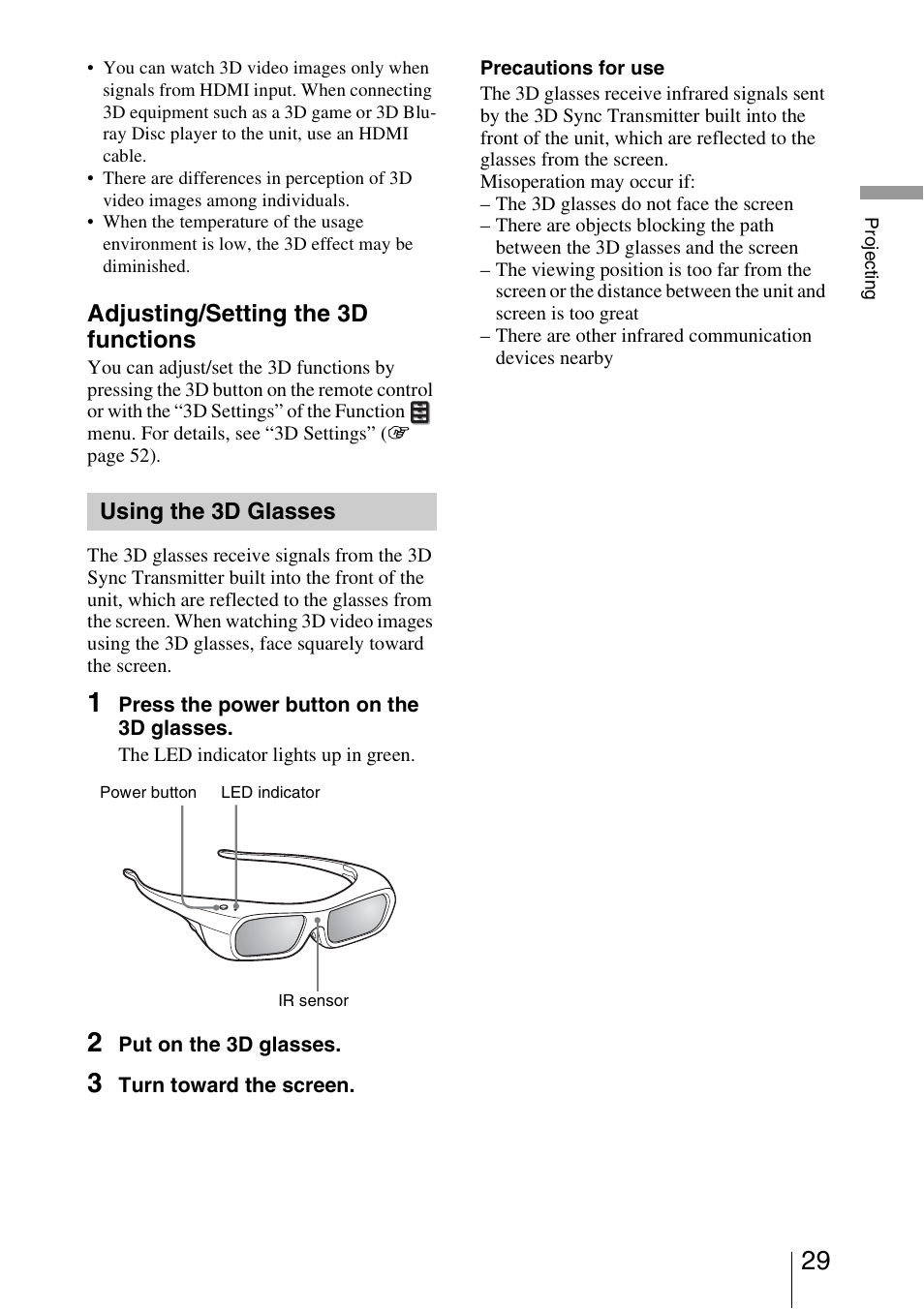 Using the 3d glasses, Ee “using the 3d glasses, Adjusting/setting the 3d functions | Sony VPL-VW1000ES User Manual | Page 29 / 99