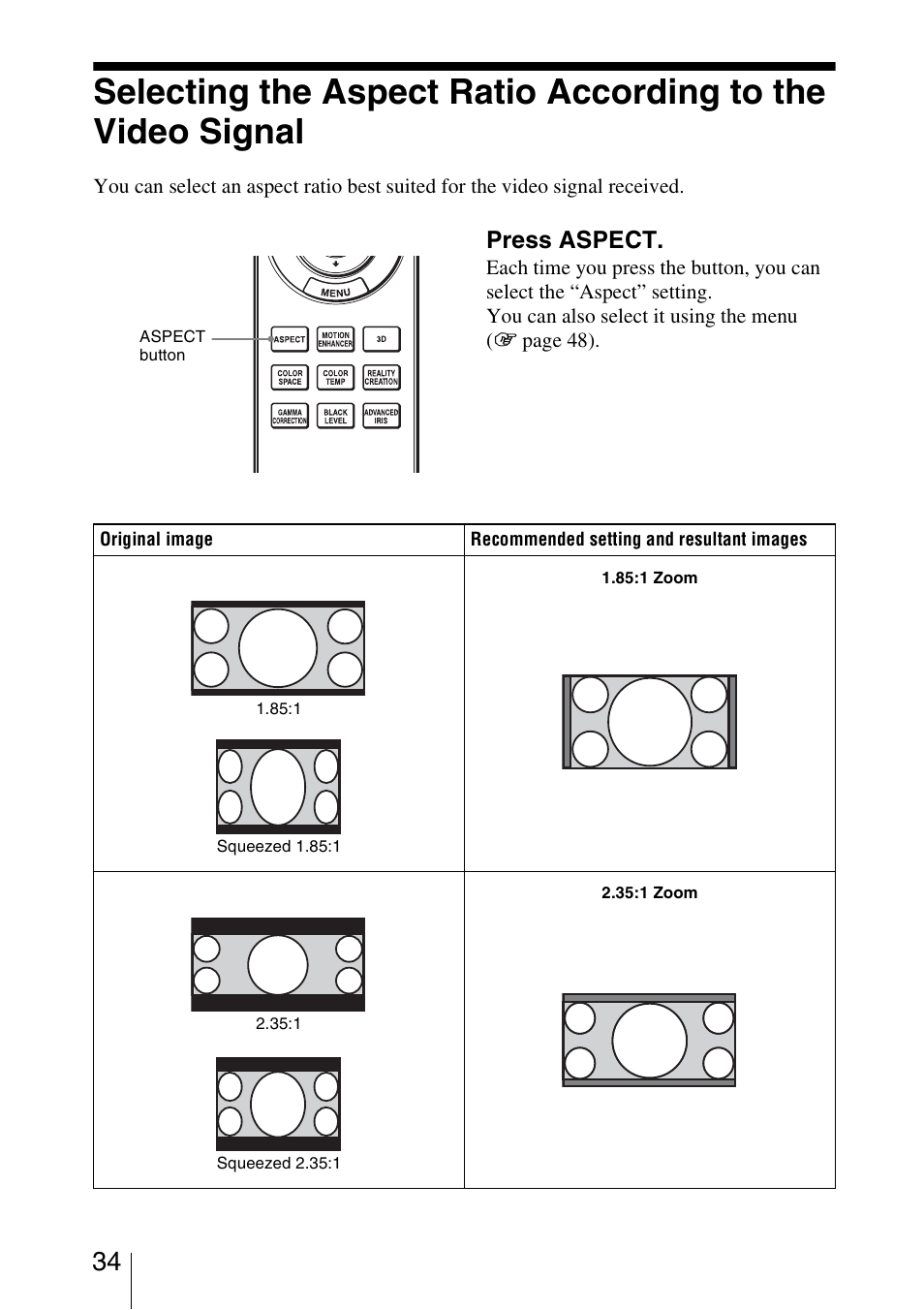 Press aspect | Sony VPL-VW1000ES User Manual | Page 34 / 99