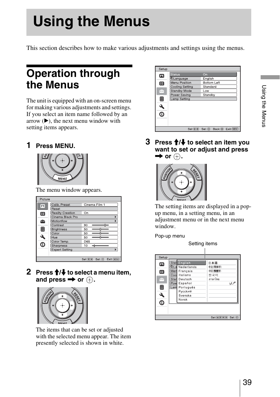 Using the menus, Operation through the menus | Sony VPL-VW1000ES User Manual | Page 39 / 99