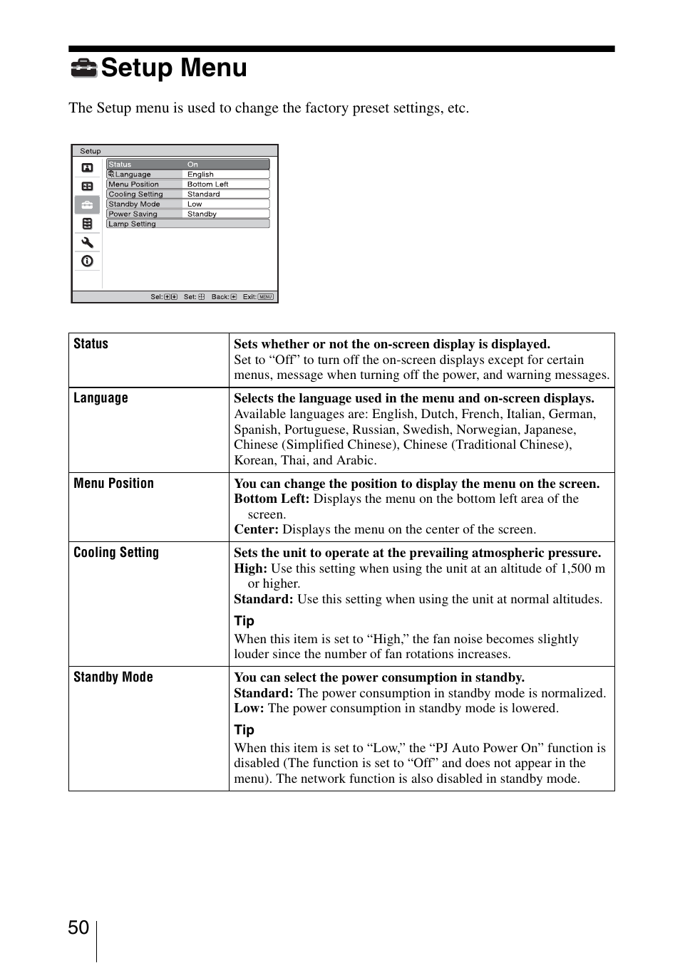 Setup menu | Sony VPL-VW1000ES User Manual | Page 50 / 99