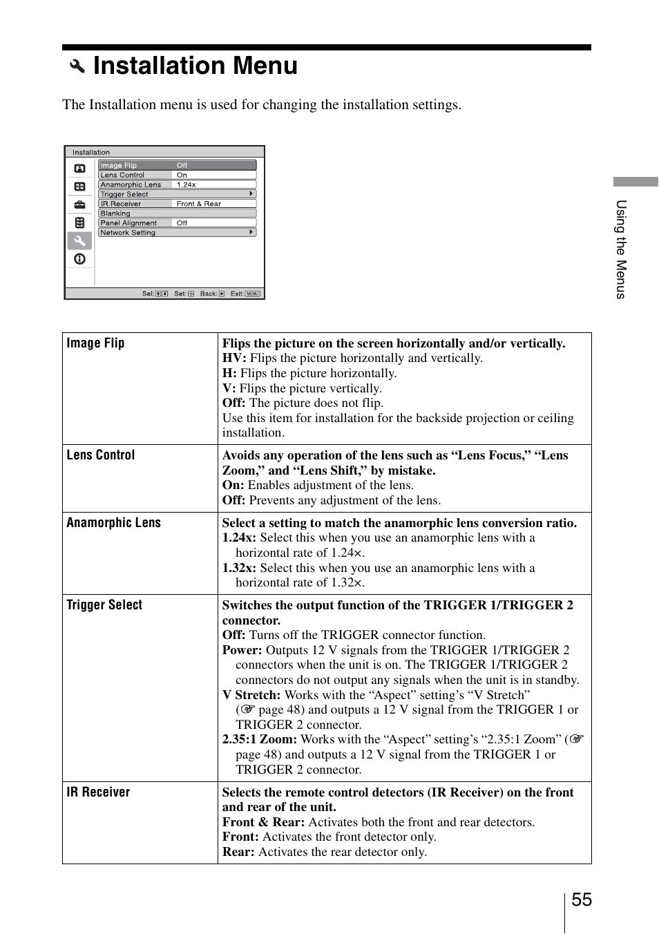 Installation menu | Sony VPL-VW1000ES User Manual | Page 55 / 99