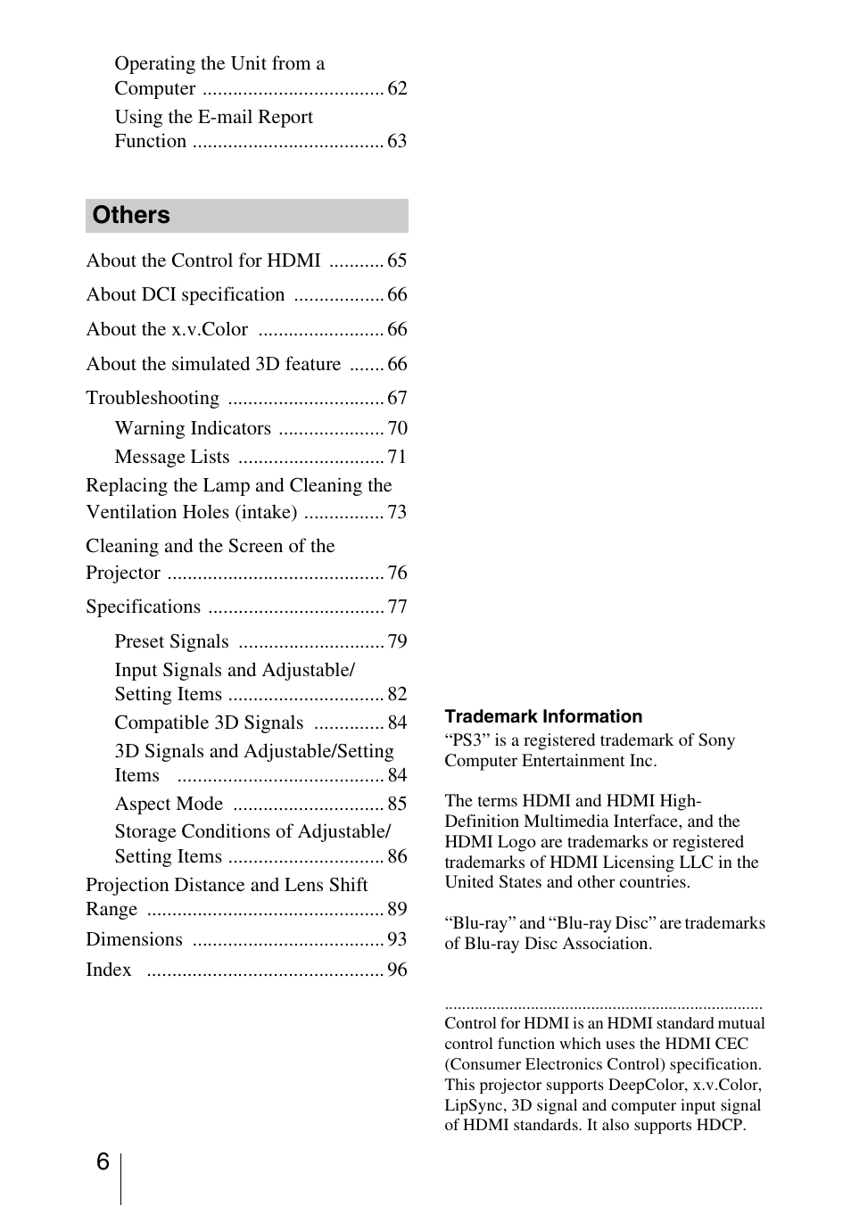 Others | Sony VPL-VW1000ES User Manual | Page 6 / 99