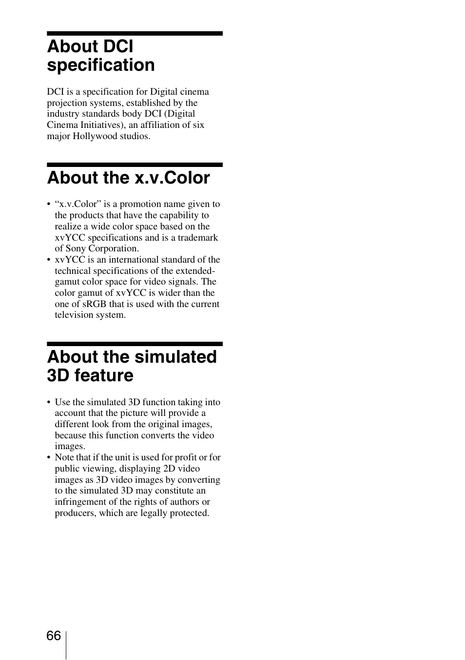 About dci specification, About the x.v.color, About the simulated 3d feature | Sony VPL-VW1000ES User Manual | Page 66 / 99