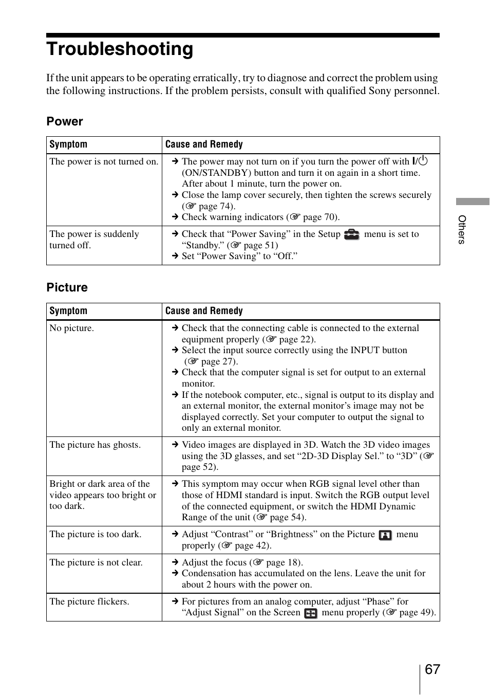 Troubleshooting, Power picture | Sony VPL-VW1000ES User Manual | Page 67 / 99