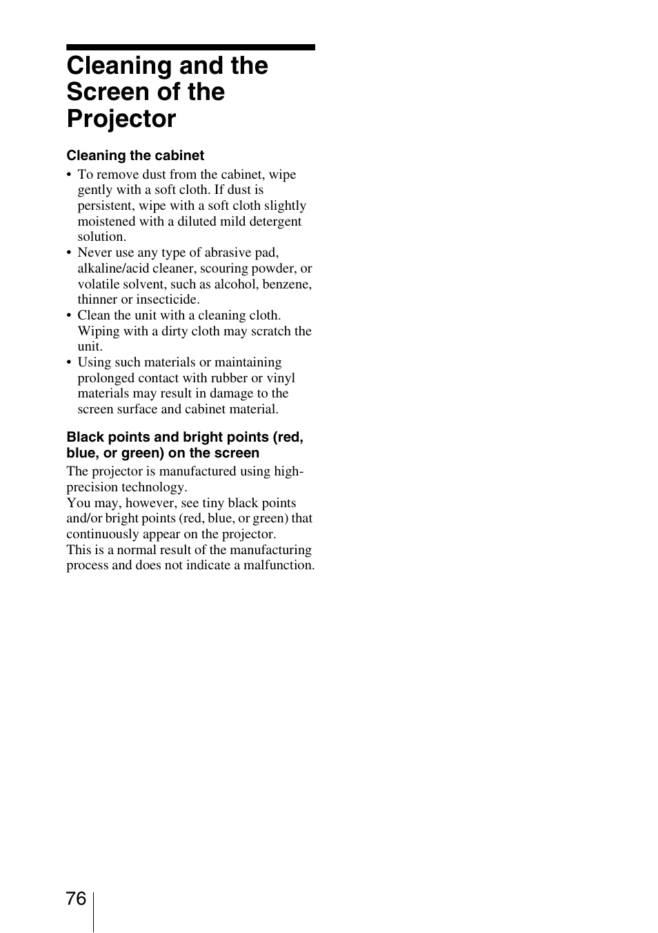 Cleaning and the screen of the projector | Sony VPL-VW1000ES User Manual | Page 76 / 99