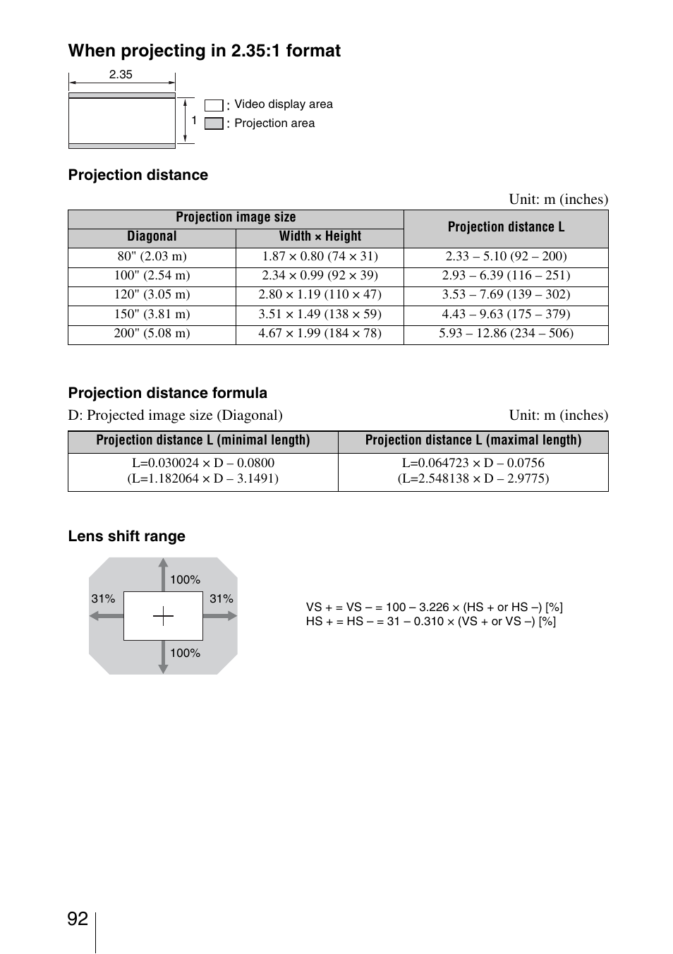 When projecting in 2.35:1 format | Sony VPL-VW1000ES User Manual | Page 92 / 99