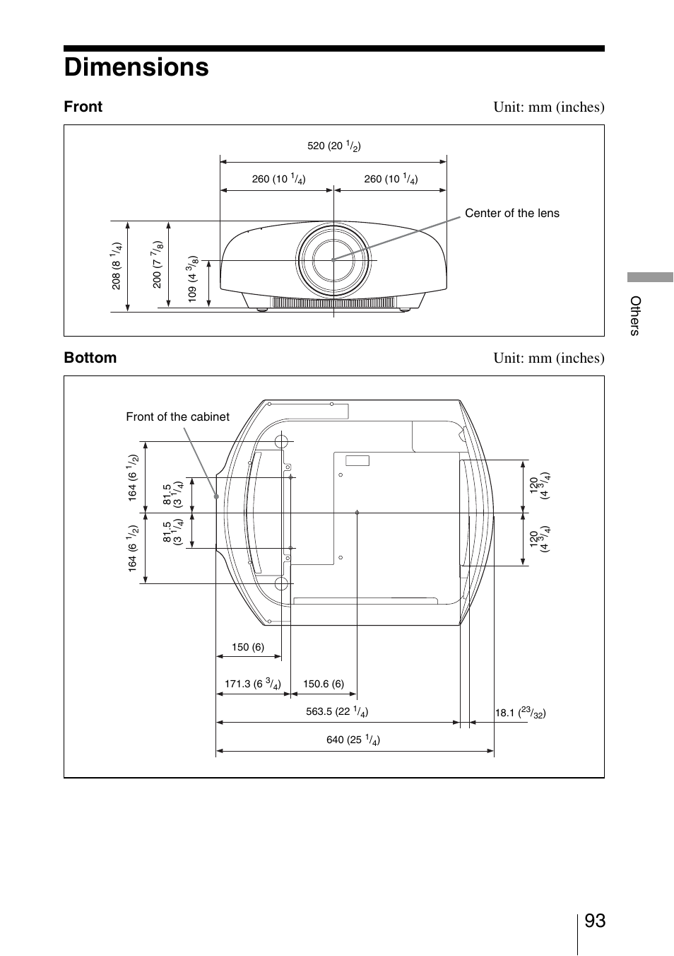 Dimensions, Front unit: mm (inches) bottom unit: mm (inches), Ot h e rs | Sony VPL-VW1000ES User Manual | Page 93 / 99