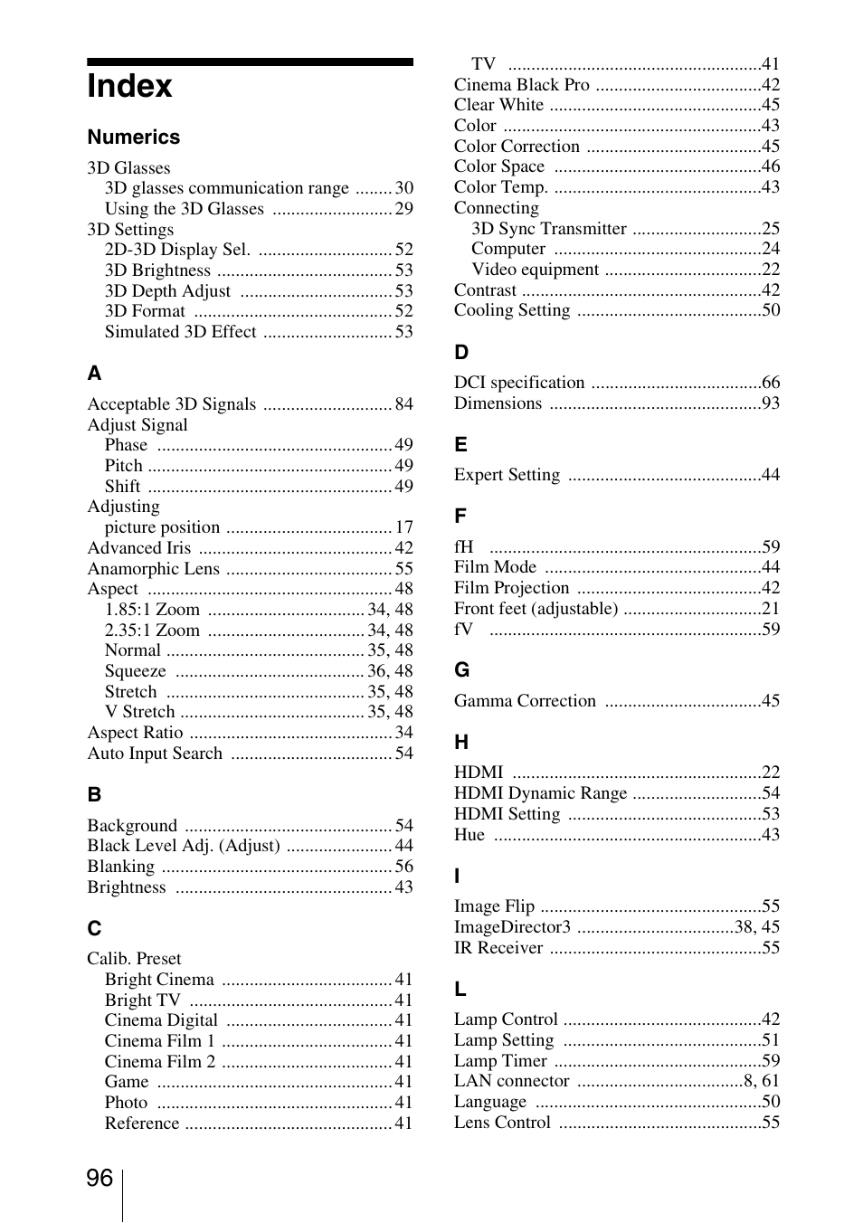 Index | Sony VPL-VW1000ES User Manual | Page 96 / 99