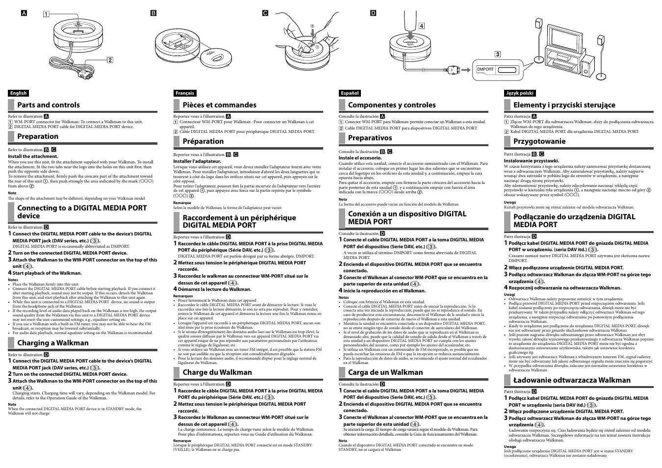 Parts and controls, Preparation, Connecting to a digital media port device | Charging a walkman, Pièces et commandes, Préparation, Raccordement à un périphérique digital media port, Charge du walkman, Componentes y controles, Preparativos | Sony TDM-NW1 User Manual | Page 2 / 2