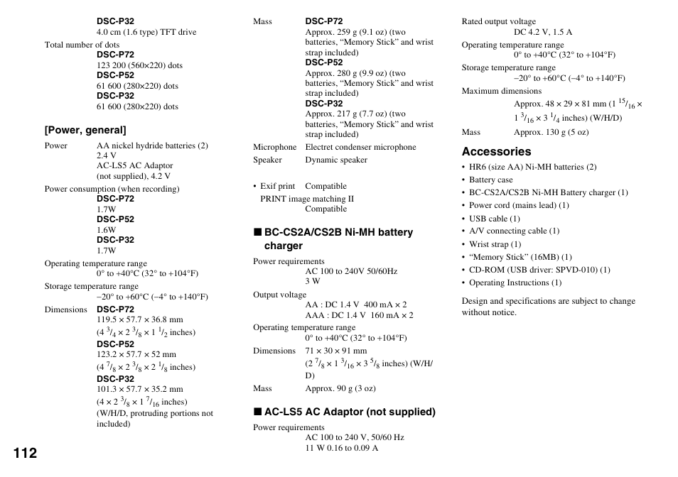 Accessories | Sony DSC-P72 User Manual | Page 112 / 120