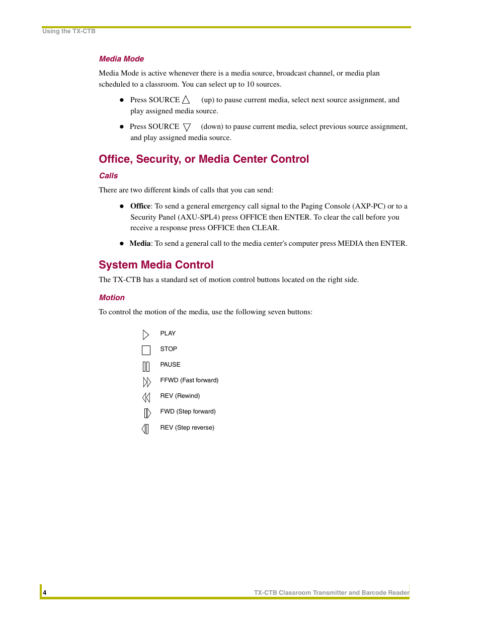 Media mode, Office, security, or media center control, Calls | System media control, Motion | AMX Network Device TX-CTB User Manual | Page 8 / 12