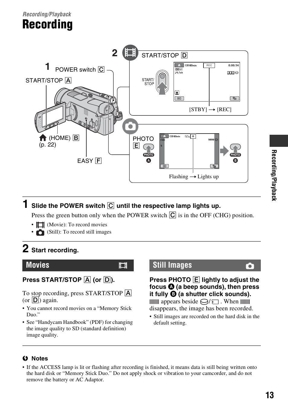 Recording/playback, Recording, Movies still images | Sony HDR-SR5 User Manual | Page 13 / 40