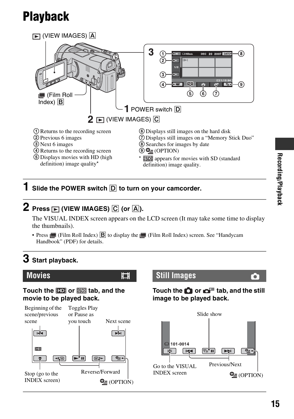 Playback, Movies, Still images | Sony HDR-SR5 User Manual | Page 15 / 40