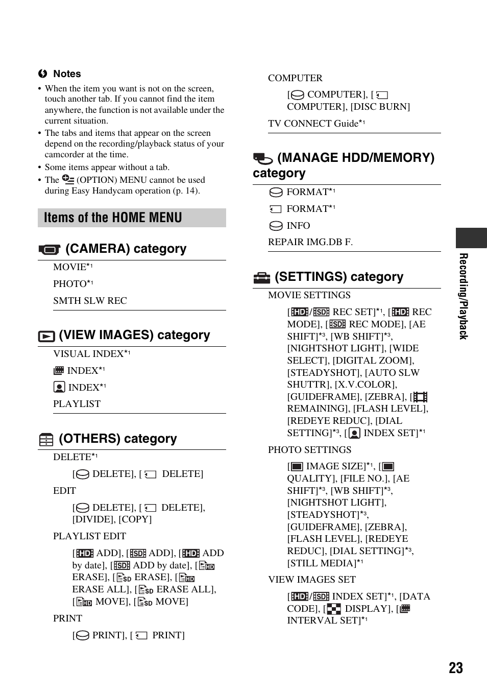 Items of the home menu, Camera) category, View images) category | Others) category, Settings) category | Sony HDR-SR5 User Manual | Page 23 / 40