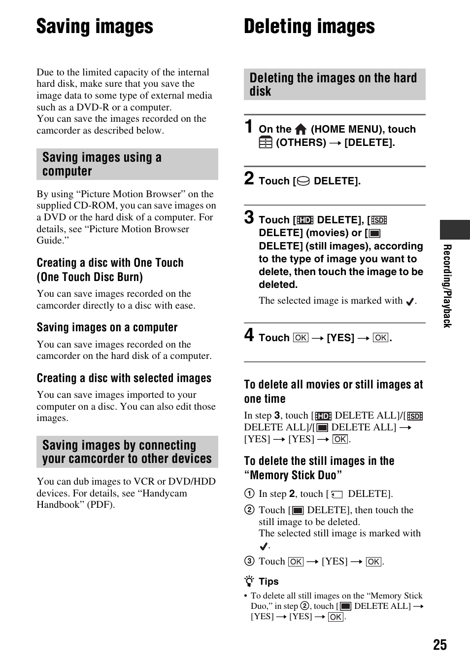 Saving images, Deleting images | Sony HDR-SR5 User Manual | Page 25 / 40