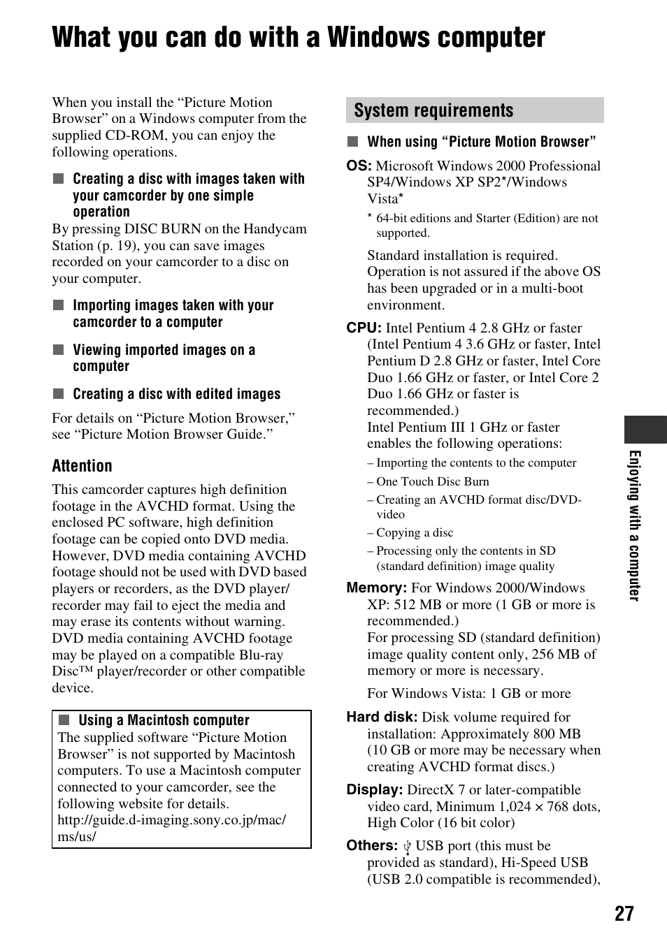 What you can do with a windows computer, System requirements | Sony HDR-SR5 User Manual | Page 27 / 40