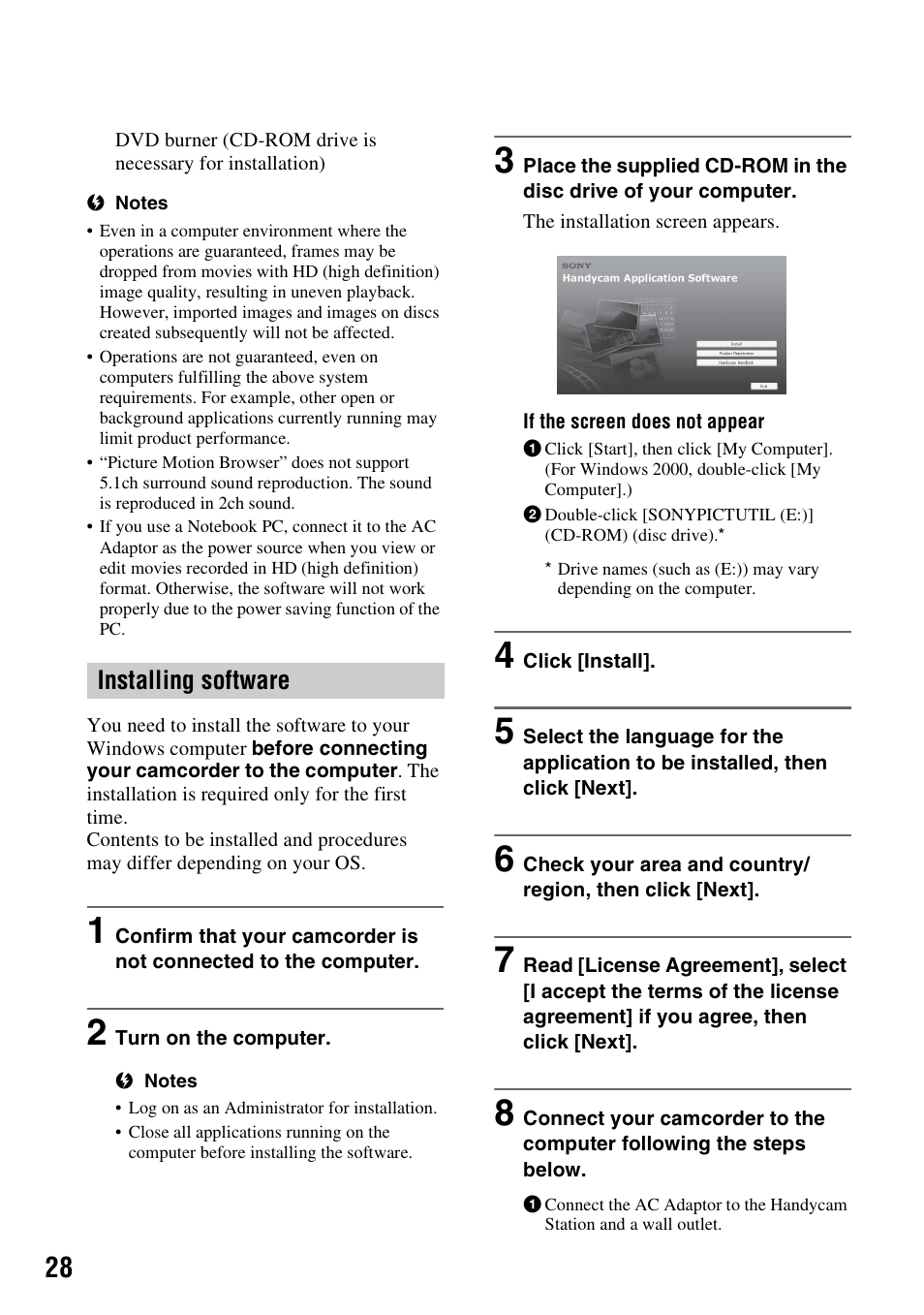 Installing software | Sony HDR-SR5 User Manual | Page 28 / 40