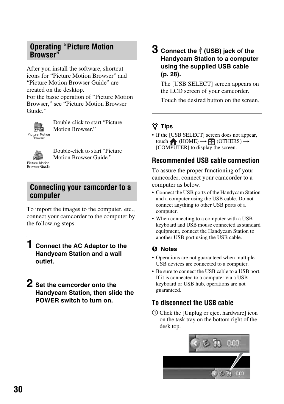 P. 30), Operating “picture motion browser, Connecting your camcorder to a computer | Sony HDR-SR5 User Manual | Page 30 / 40