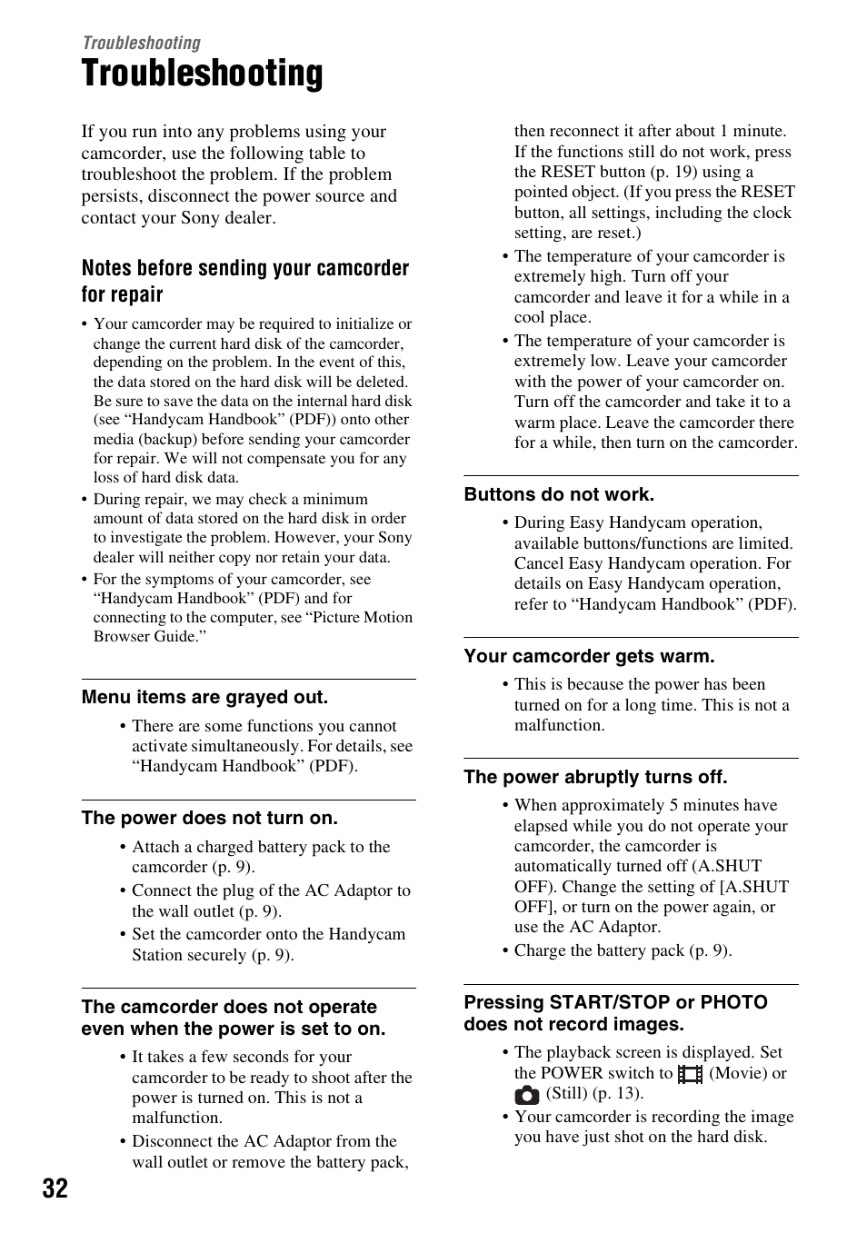 Troubleshooting | Sony HDR-SR5 User Manual | Page 32 / 40