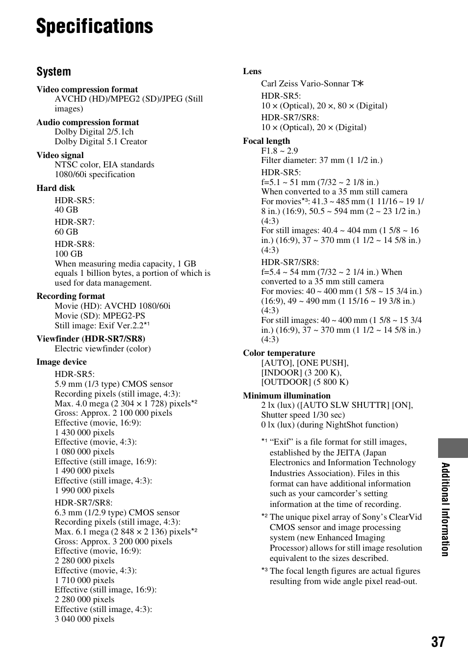 Specifications, System | Sony HDR-SR5 User Manual | Page 37 / 40