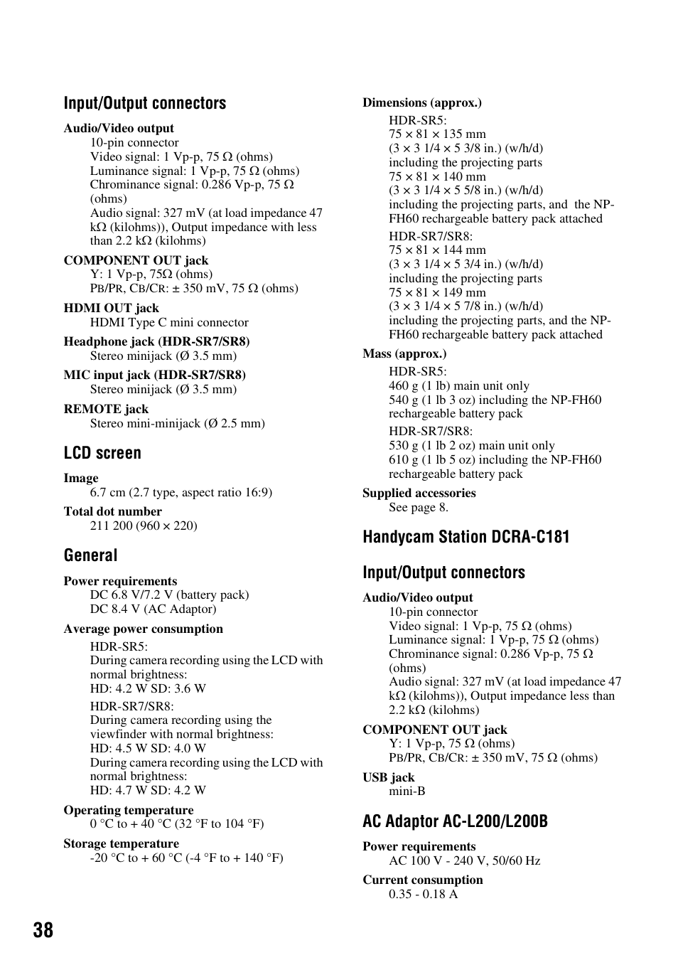 Input/output connectors, Lcd screen, General | Handycam station dcra-c181 input/output connectors | Sony HDR-SR5 User Manual | Page 38 / 40