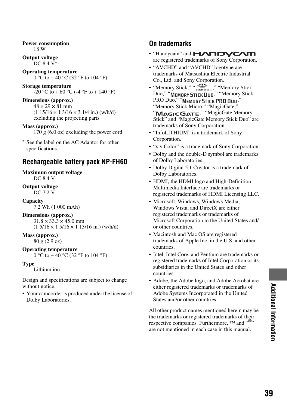 Rechargeable battery pack np-fh60, On trademarks | Sony HDR-SR5 User Manual | Page 39 / 40