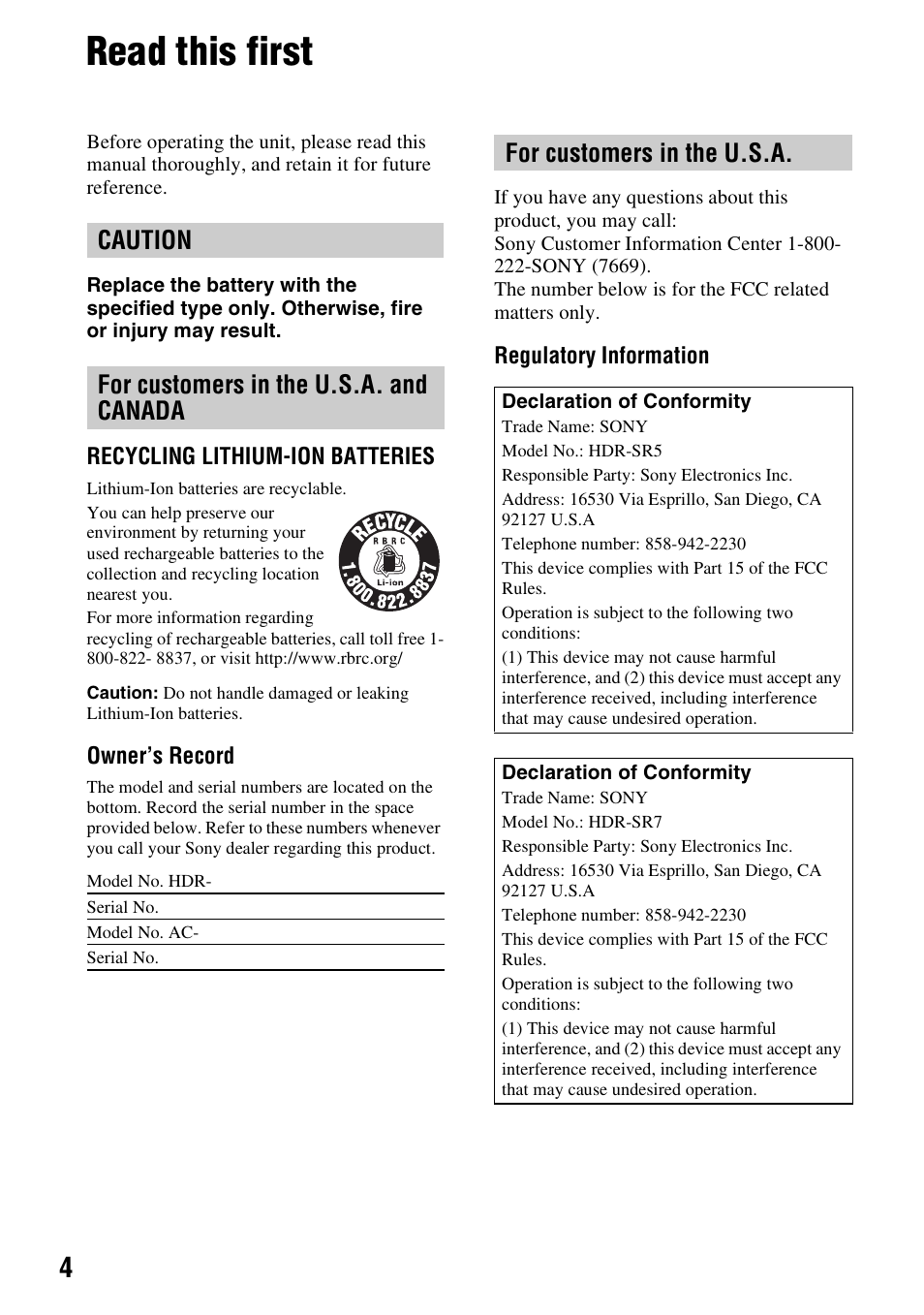 Read this first, Caution for customers in the u.s.a. and canada, For customers in the u.s.a | Sony HDR-SR5 User Manual | Page 4 / 40