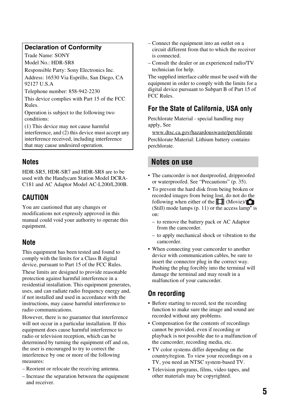 Notes on use, Caution, For the state of california, usa only | On recording | Sony HDR-SR5 User Manual | Page 5 / 40