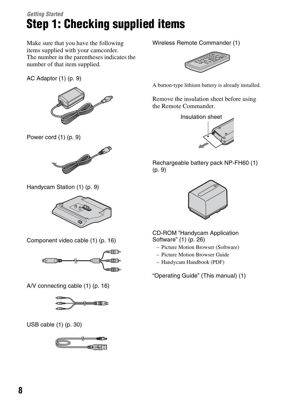 Getting started, Step 1: checking supplied items | Sony HDR-SR5 User Manual | Page 8 / 40