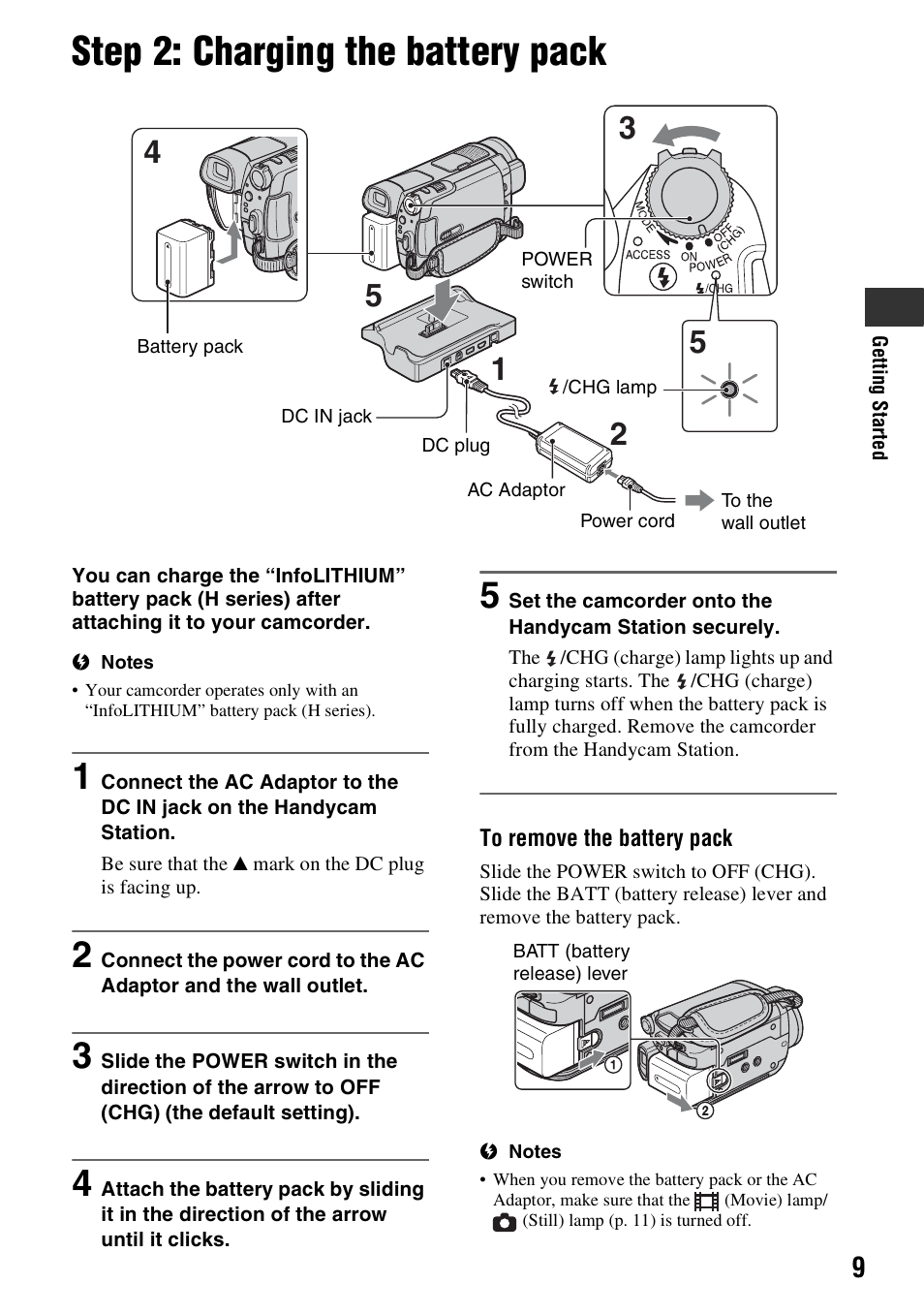 Step 2: charging the battery pack, R (1) (p. 9), Rd (1) (p. 9 | P. 9) | Sony HDR-SR5 User Manual | Page 9 / 40