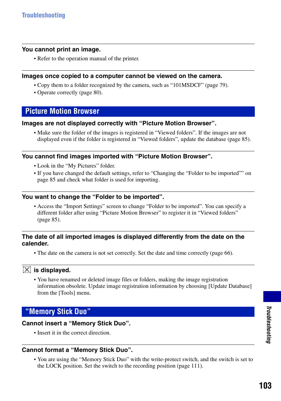 Picture motion browser, Memory stick duo | Sony DSC-T20 User Manual | Page 103 / 119