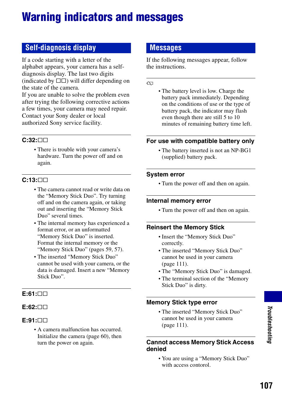 Warning indicators and messages, Ng (107), Self-diagnosis display messages | Sony DSC-T20 User Manual | Page 107 / 119