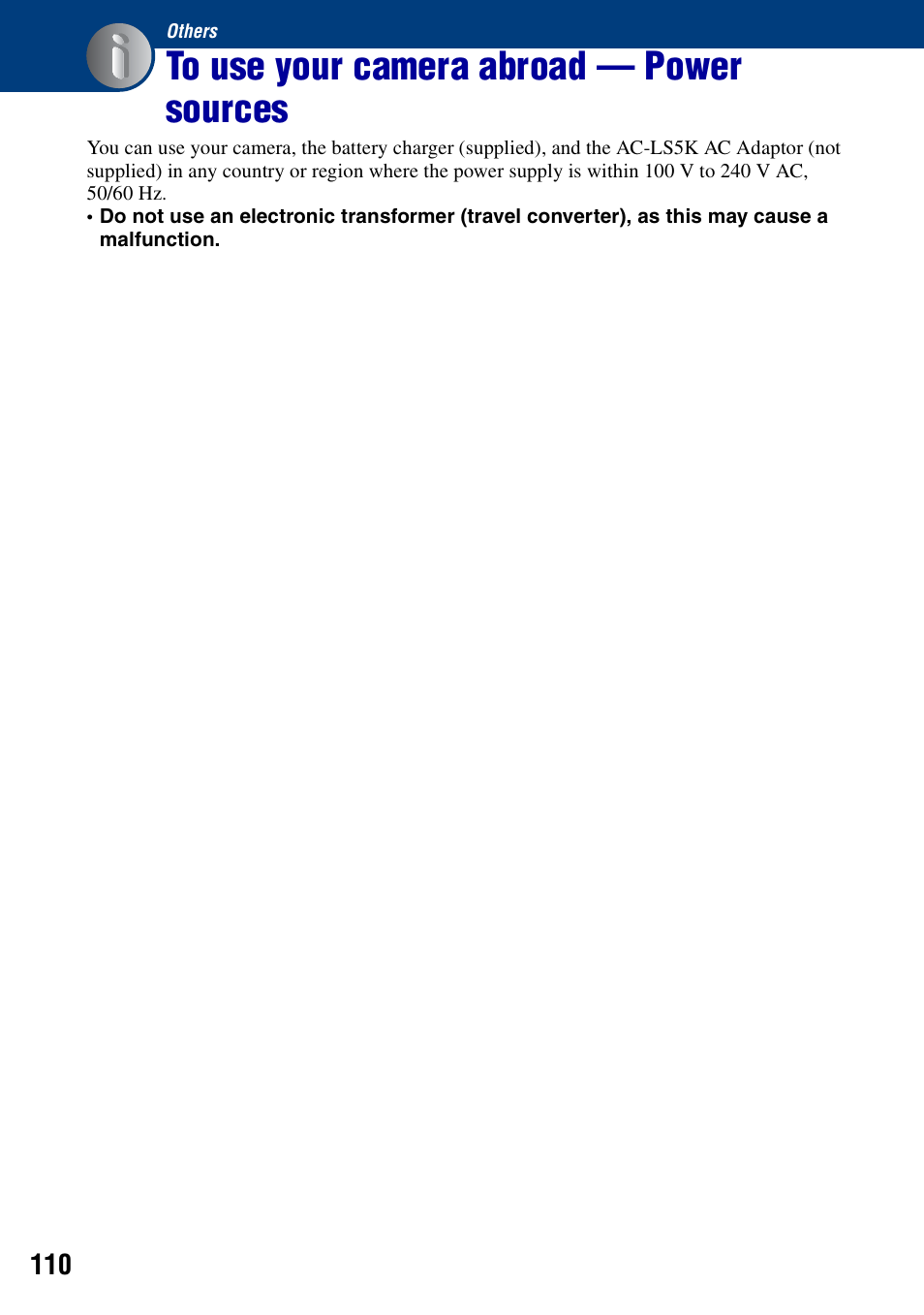 Others, To use your camera abroad - power sources, To use your camera abroad — power sources | Sony DSC-T20 User Manual | Page 110 / 119