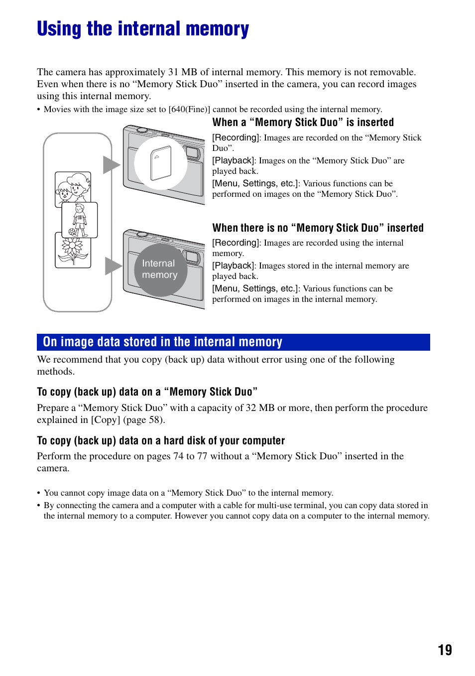 Using the internal memory | Sony DSC-T20 User Manual | Page 19 / 119