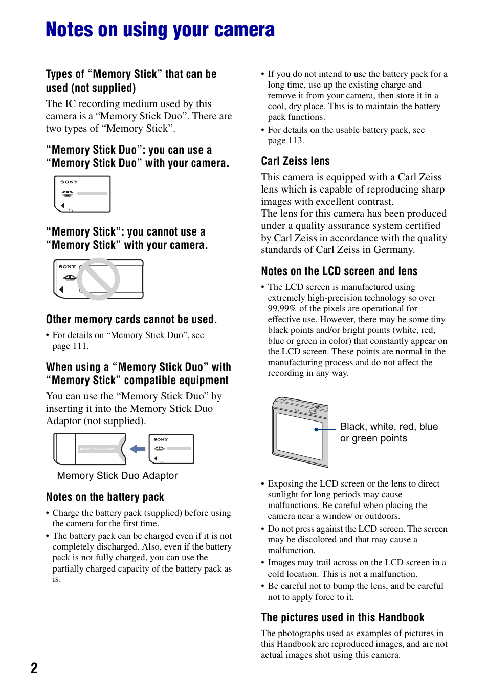 Notes on using your camera | Sony DSC-T20 User Manual | Page 2 / 119