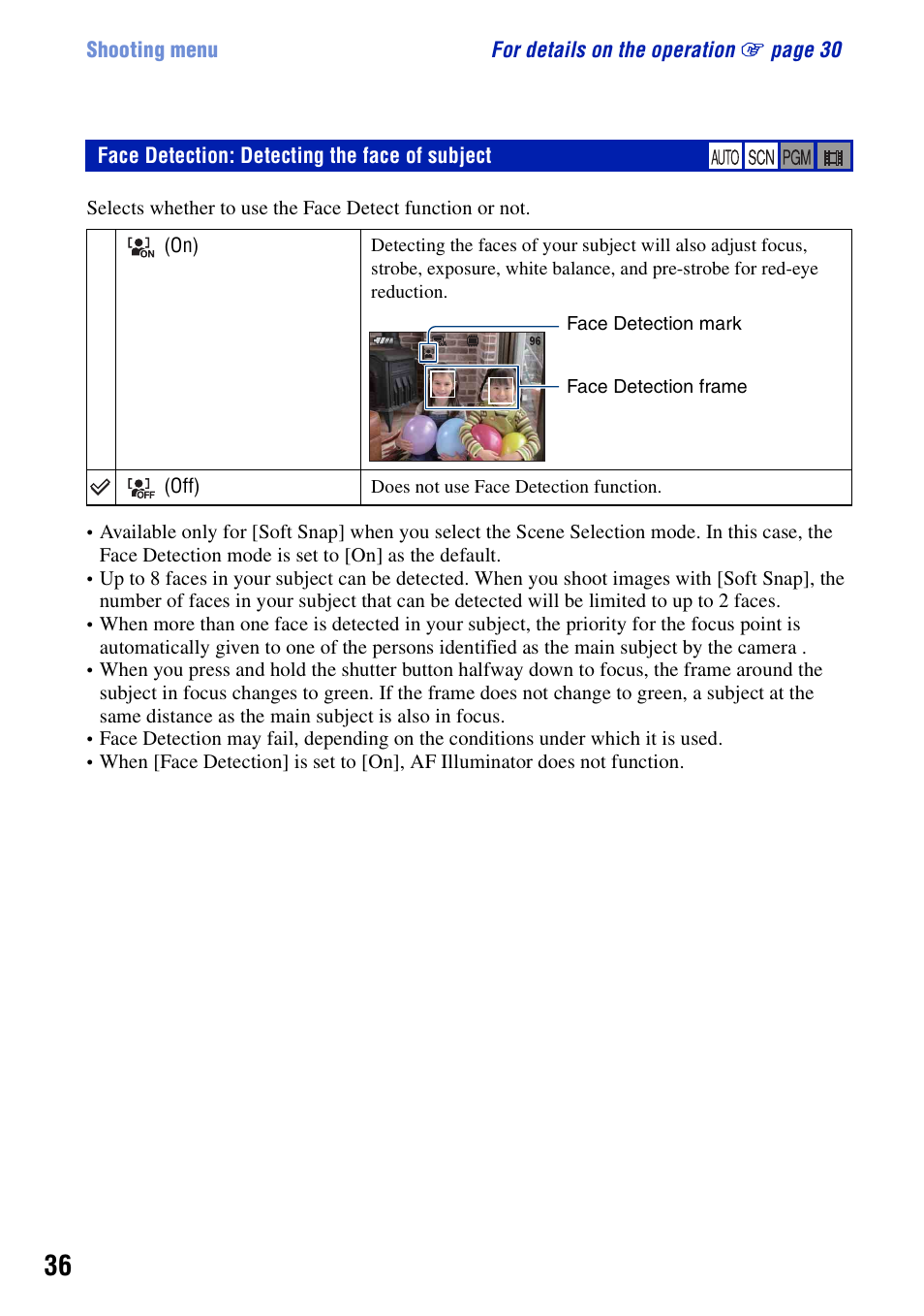 Face detection: detecting the face of subject | Sony DSC-T20 User Manual | Page 36 / 119