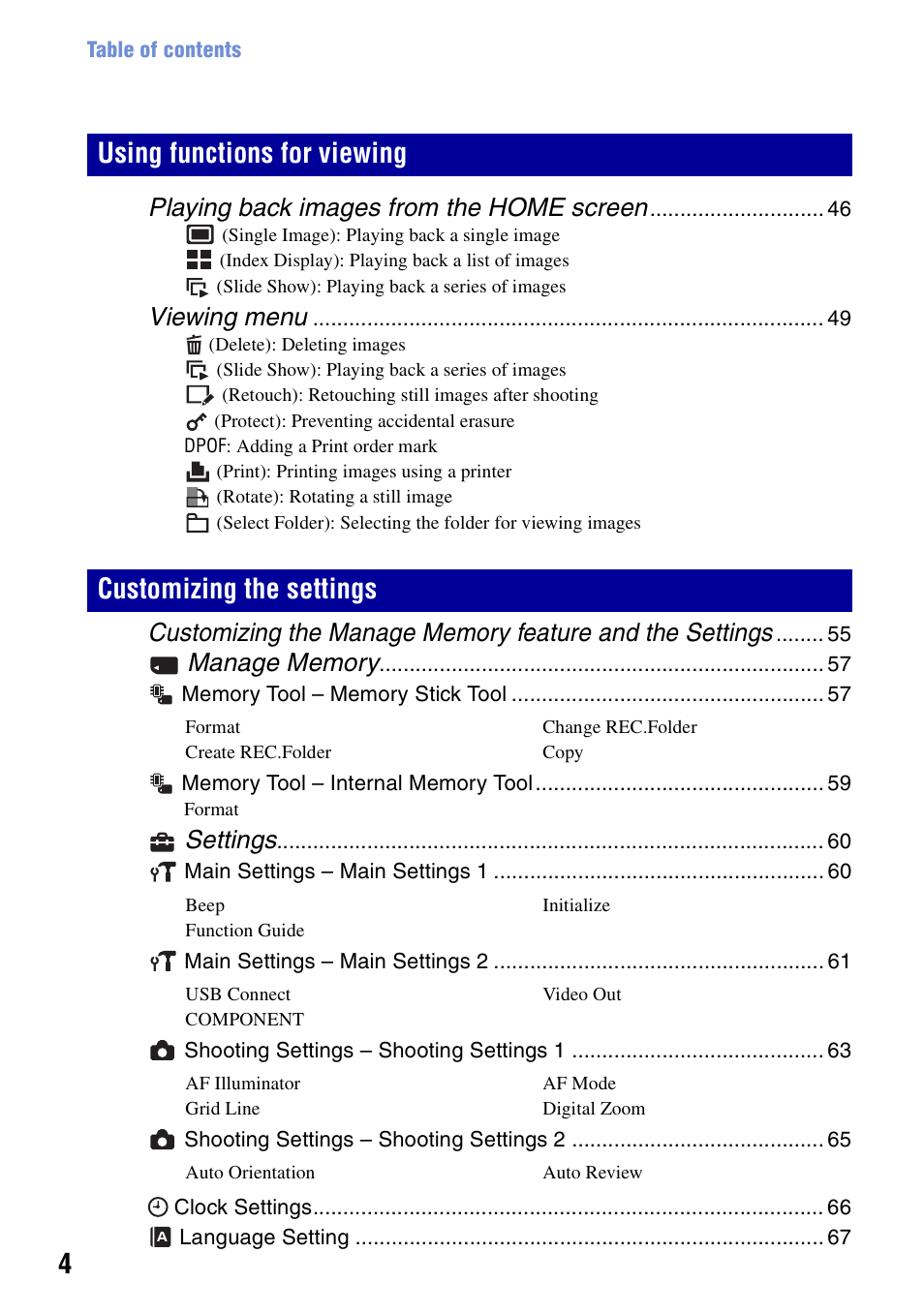 Playing back images from the home screen, Viewing menu, Settings | Sony DSC-T20 User Manual | Page 4 / 119