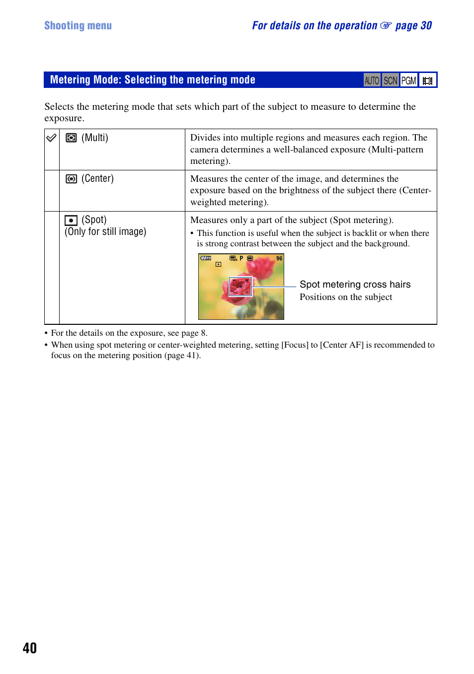Metering mode: selecting the metering mode | Sony DSC-T20 User Manual | Page 40 / 119