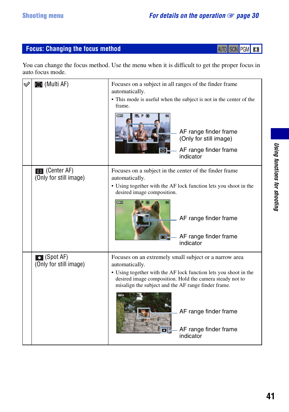 Focus: changing the focus method | Sony DSC-T20 User Manual | Page 41 / 119