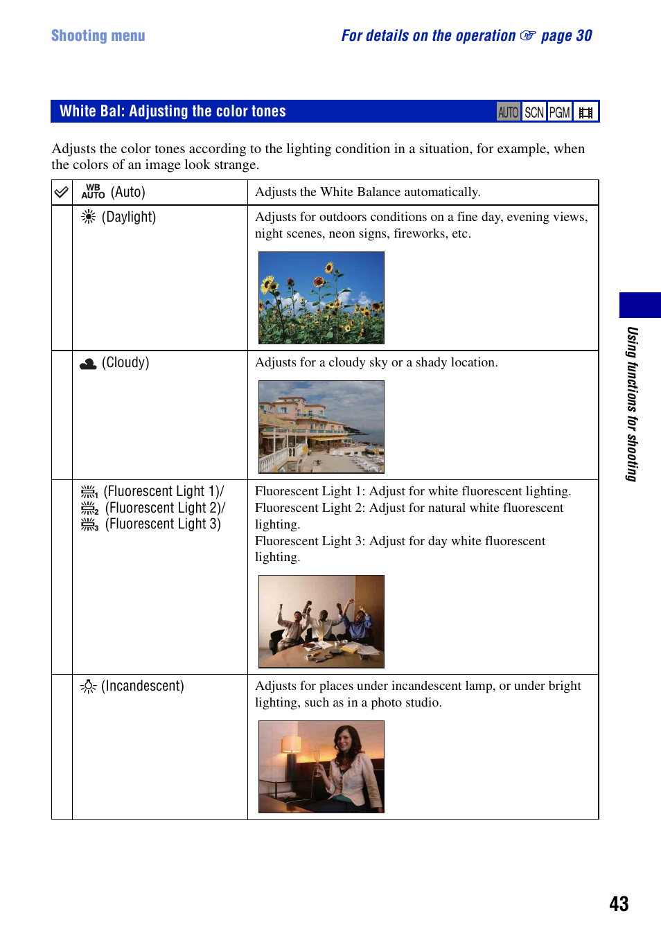 White bal: adjusting the color tones | Sony DSC-T20 User Manual | Page 43 / 119