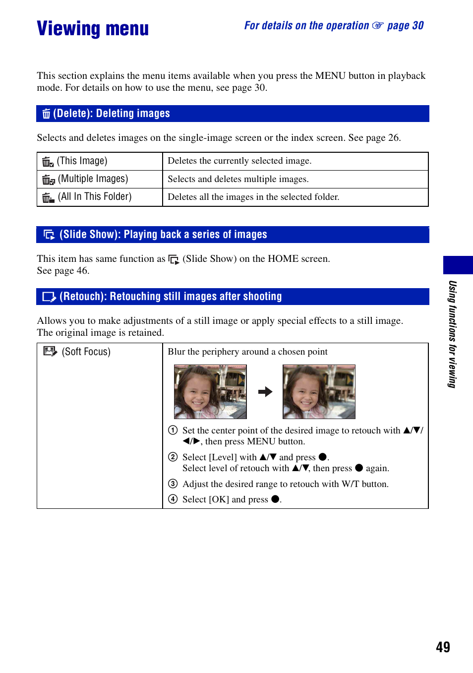 Viewing menu, Delete): deleting images, Slide show): playing back a series of images | Retouch): retouching still images after shooting | Sony DSC-T20 User Manual | Page 49 / 119