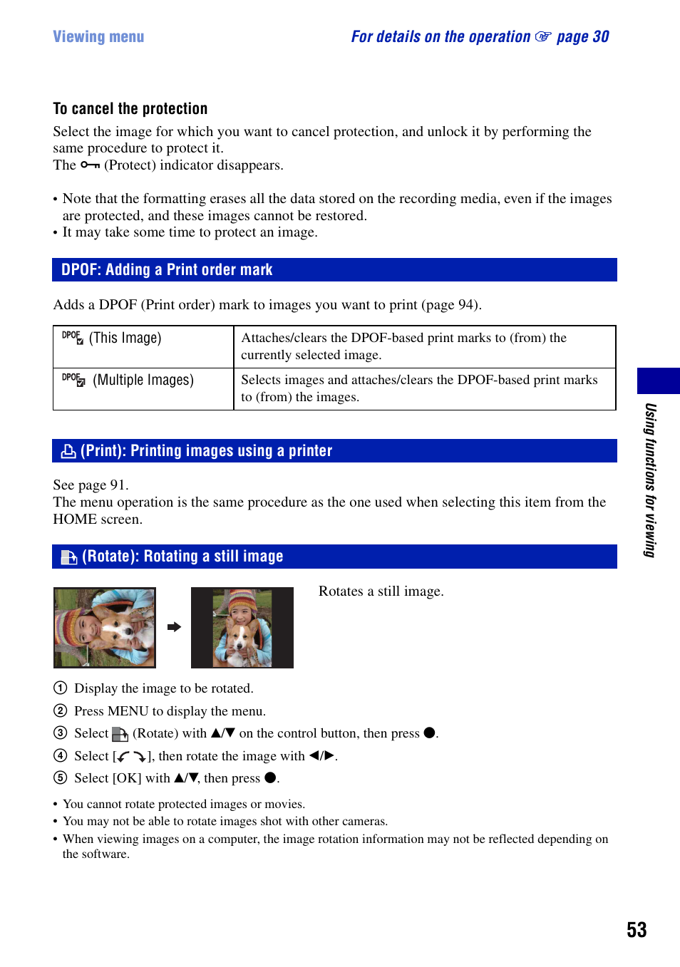Dpof: adding a print order mark, Print): printing images using a printer, Rotate): rotating a still image | Sony DSC-T20 User Manual | Page 53 / 119