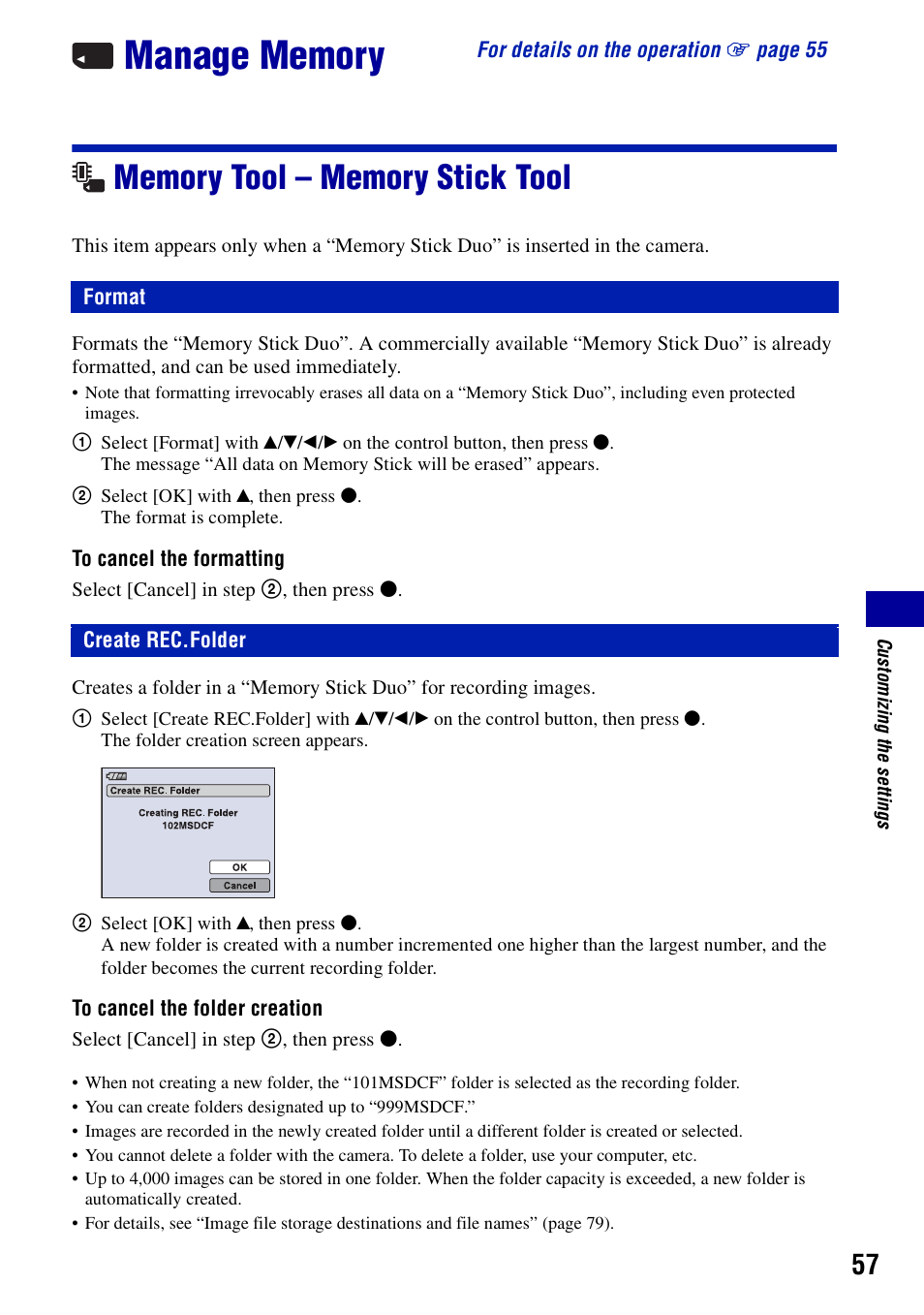 Manage memory, Memory tool - memory stick tool, Format | Create rec.folder, Memory tool – memory stick tool, Format create rec.folder | Sony DSC-T20 User Manual | Page 57 / 119
