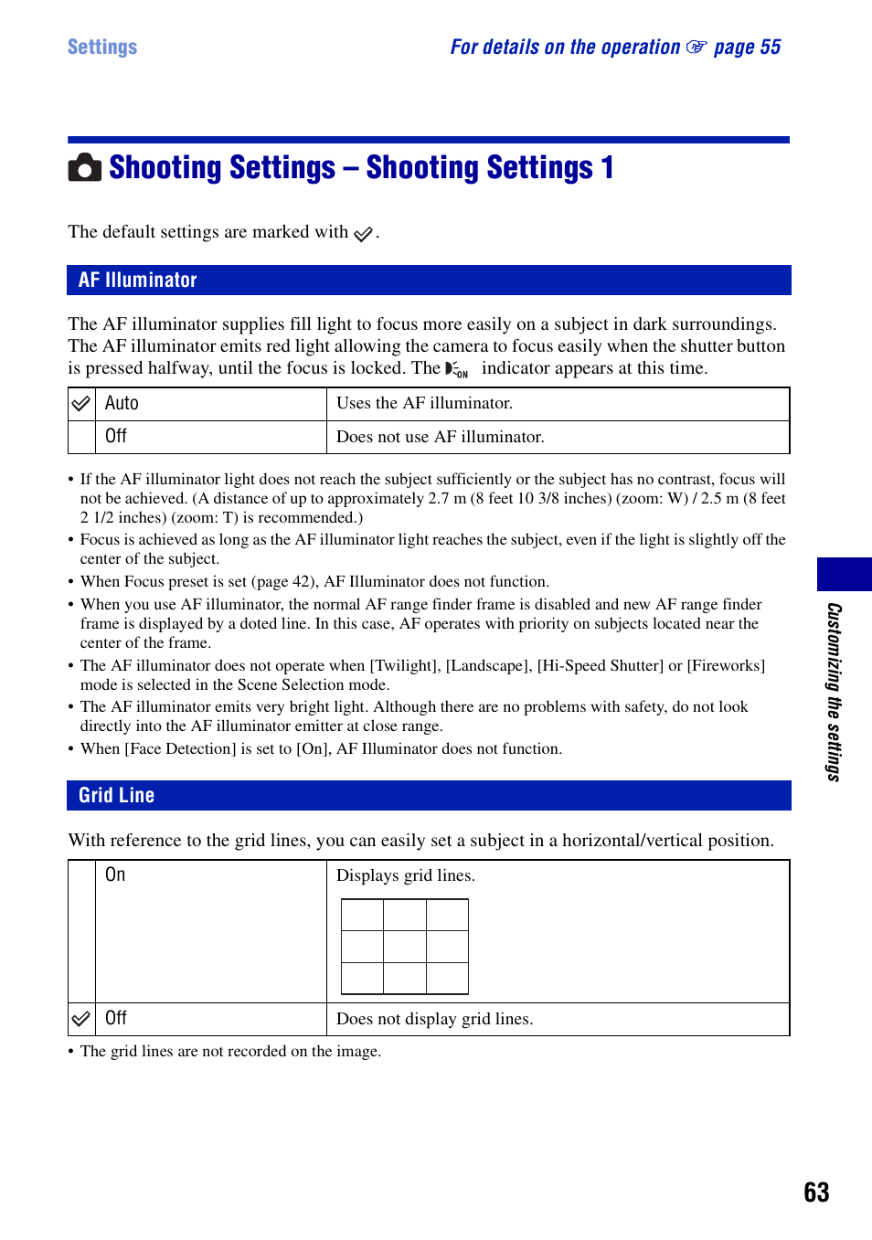 Shooting settings - shooting settings 1, Af illuminator, Grid line | Shooting settings – shooting settings 1, Af illuminator grid line | Sony DSC-T20 User Manual | Page 63 / 119