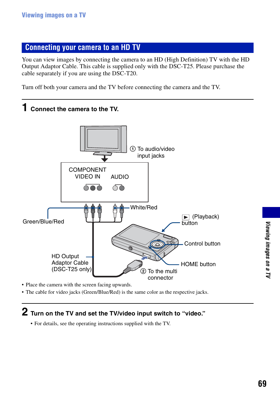 Connecting your camera to an hd tv | Sony DSC-T20 User Manual | Page 69 / 119