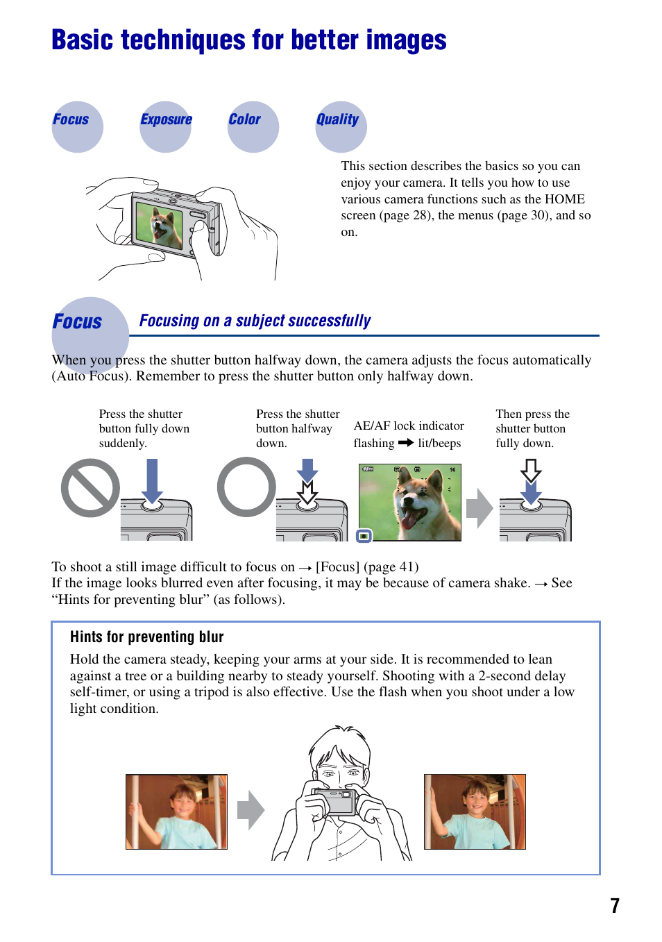 Basic techniques for better images, Focus - focusing on a subject successfully, Focus – focusing on a subject successfully | Focus | Sony DSC-T20 User Manual | Page 7 / 119