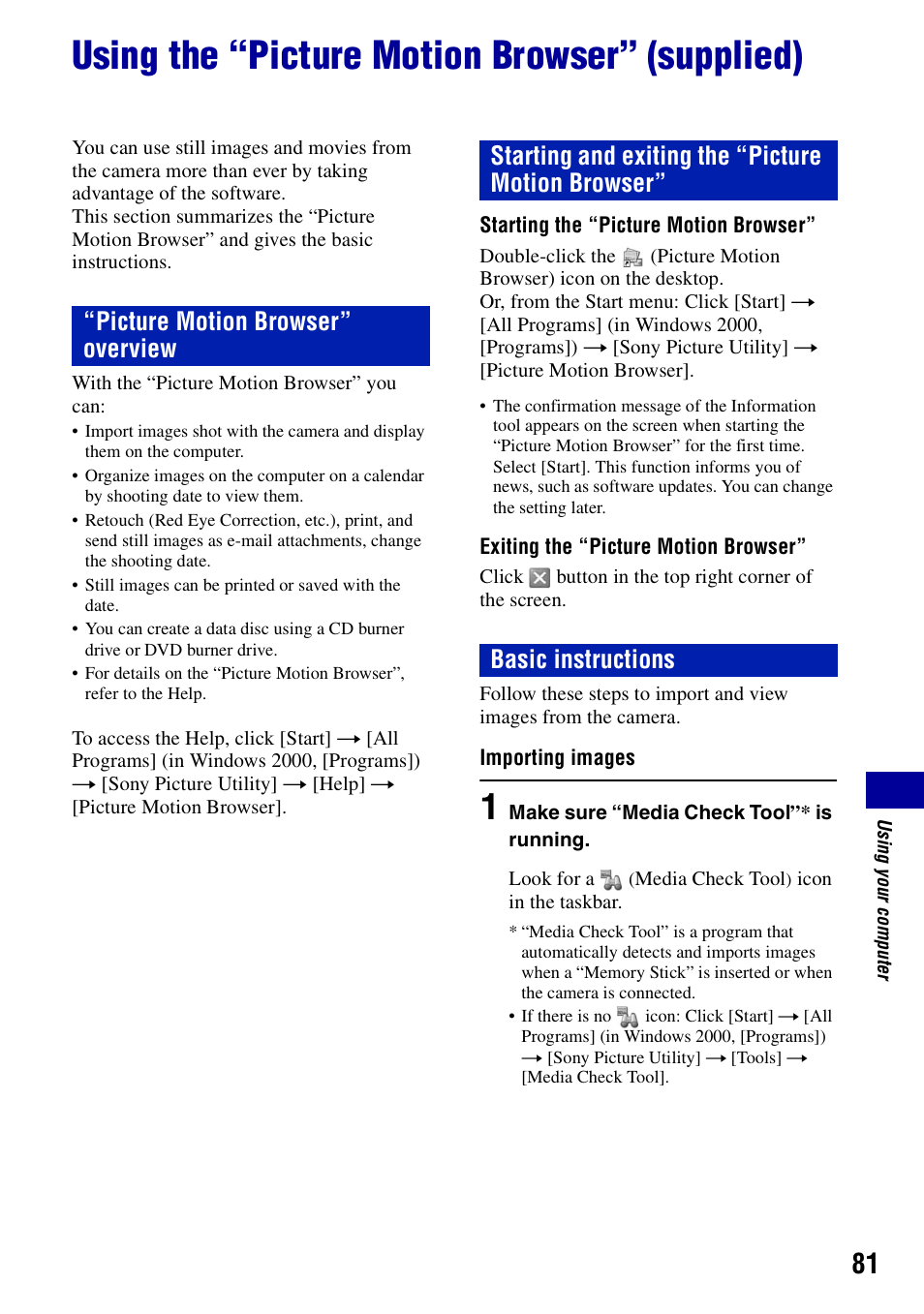 Using the “picture motion browser” (supplied), 81 an | Sony DSC-T20 User Manual | Page 81 / 119