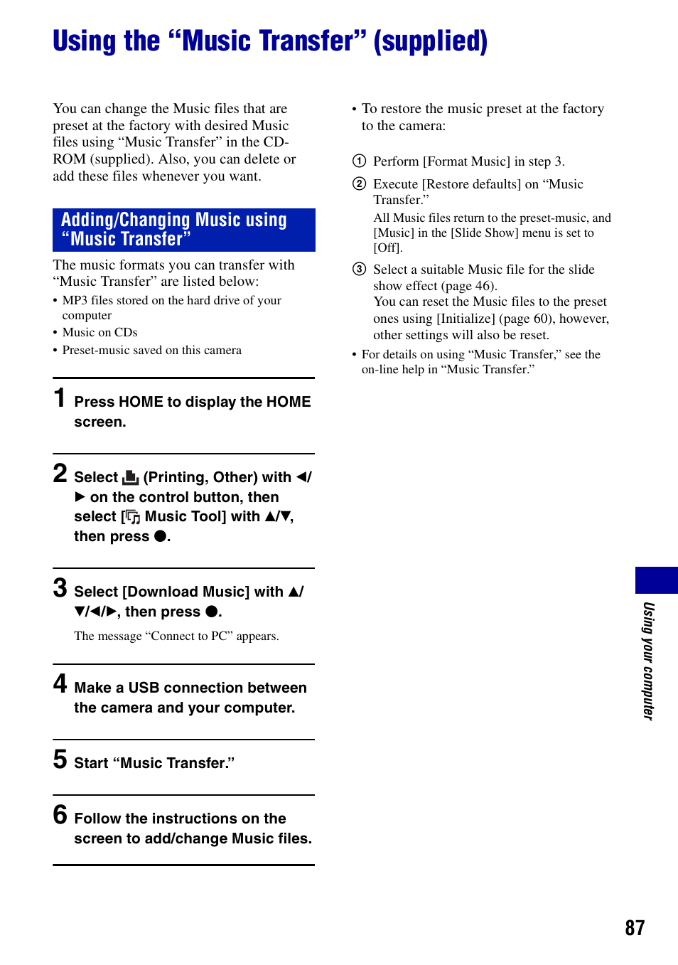 Using the “music transfer” (supplied) | Sony DSC-T20 User Manual | Page 87 / 119